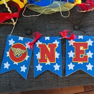 Wonder Woman Themed "ONE" Blue Party Banner -high chair decor